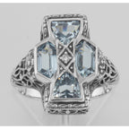 Detail view of Unique Art Deco Style Blue Topaz and Diamond Filigree Ring Sterling Silver highlighting Blue Topaz, Diamond