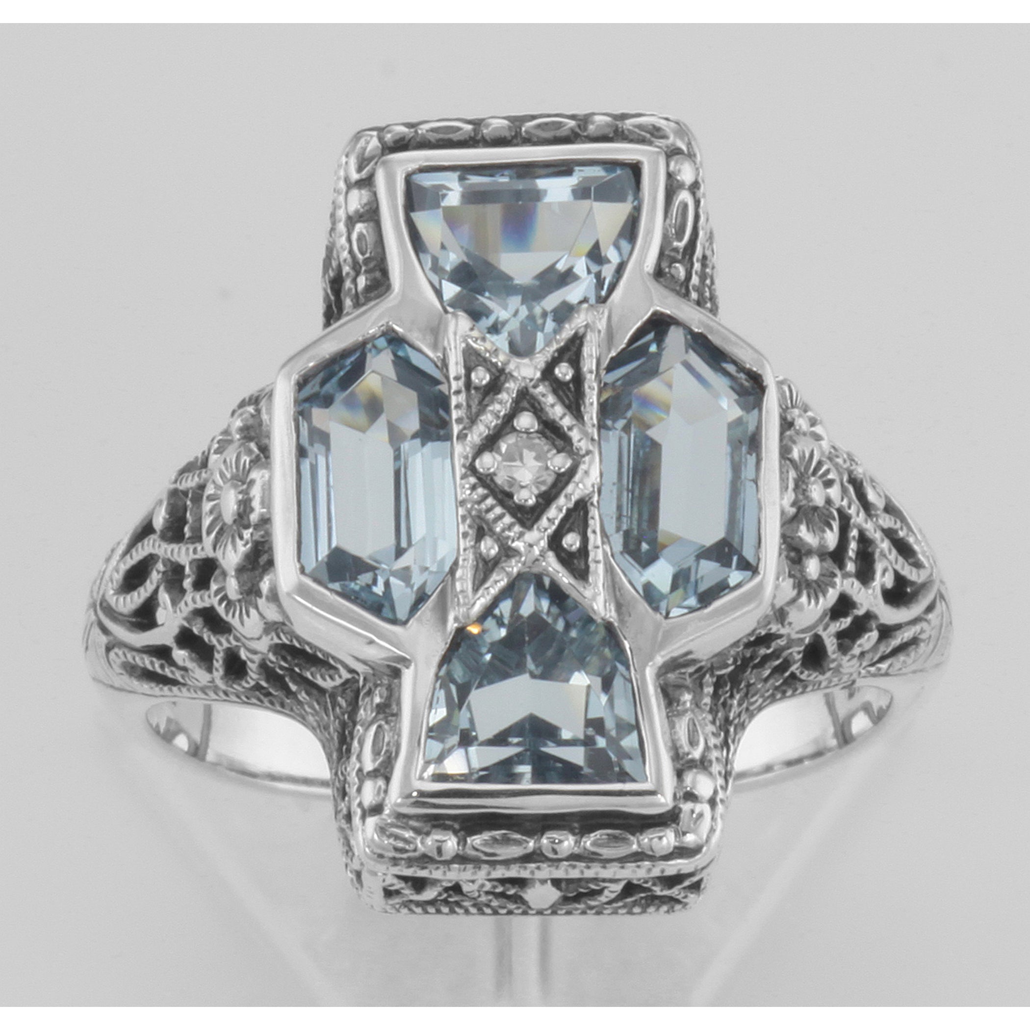 Detail view of Unique Art Deco Style Blue Topaz and Diamond Filigree Ring Sterling Silver highlighting Blue Topaz, Diamond