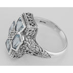 Back view of Unique Art Deco Style Blue Topaz and Diamond Filigree Ring Sterling Silver showing 925 sterling silver hallmark