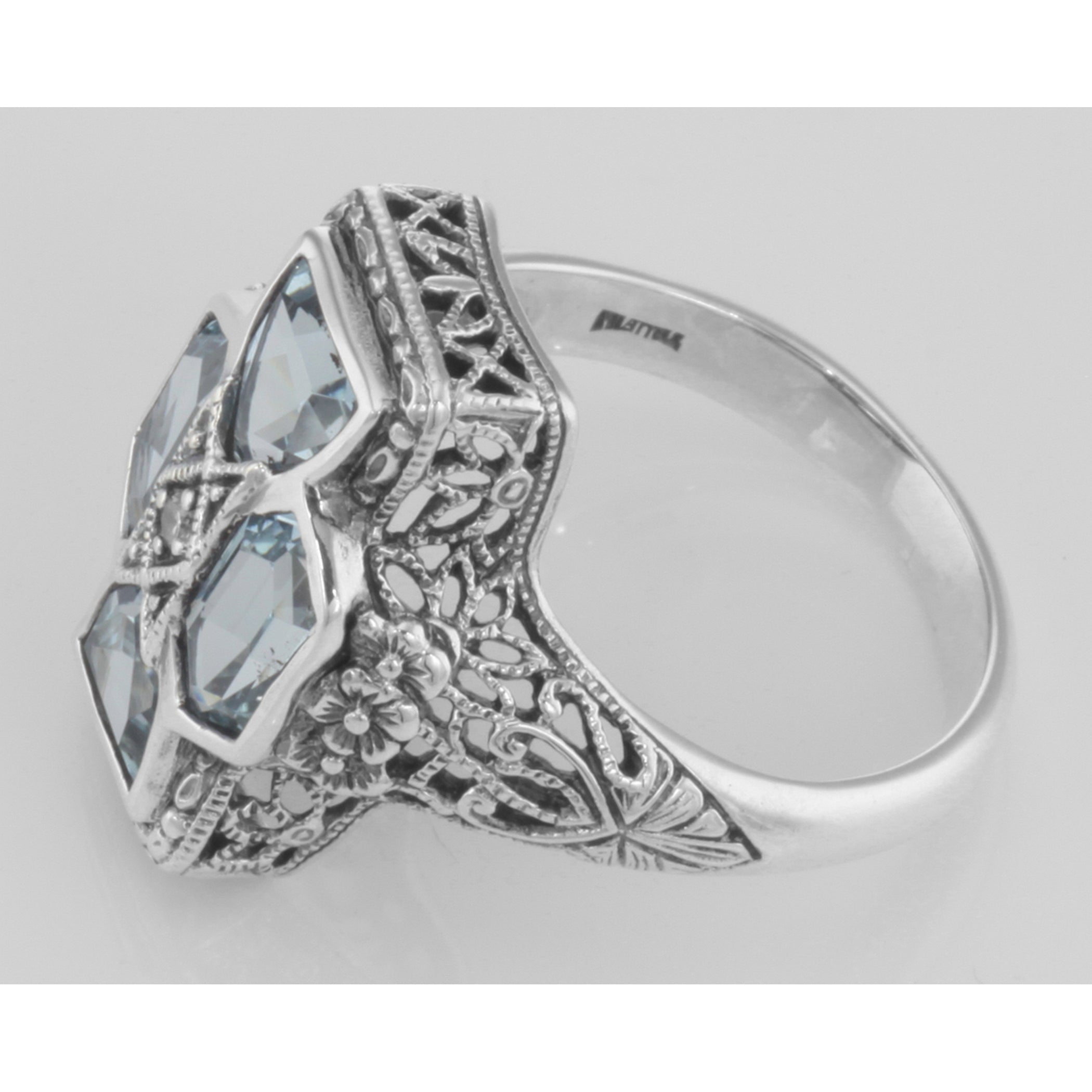 Back view of Unique Art Deco Style Blue Topaz and Diamond Filigree Ring Sterling Silver showing 925 sterling silver hallmark
