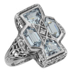 Art Deco style, Blue Topaz, Diamond, sterling silver rings, front view