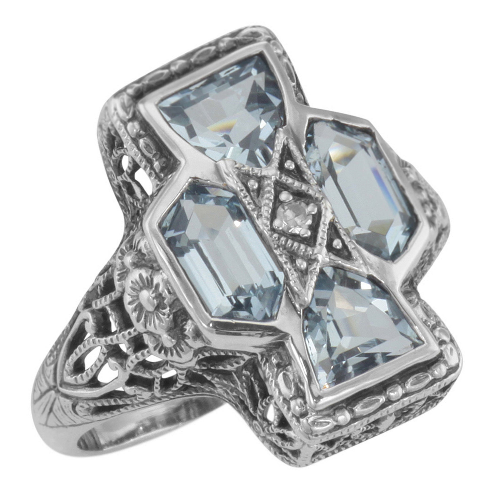 Art Deco style, Blue Topaz, Diamond, sterling silver rings, front view