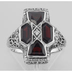 Detail view of Unique Art Deco Style Garnet and Diamond Filigree Ring Sterling Silver highlighting Garnet, Diamond