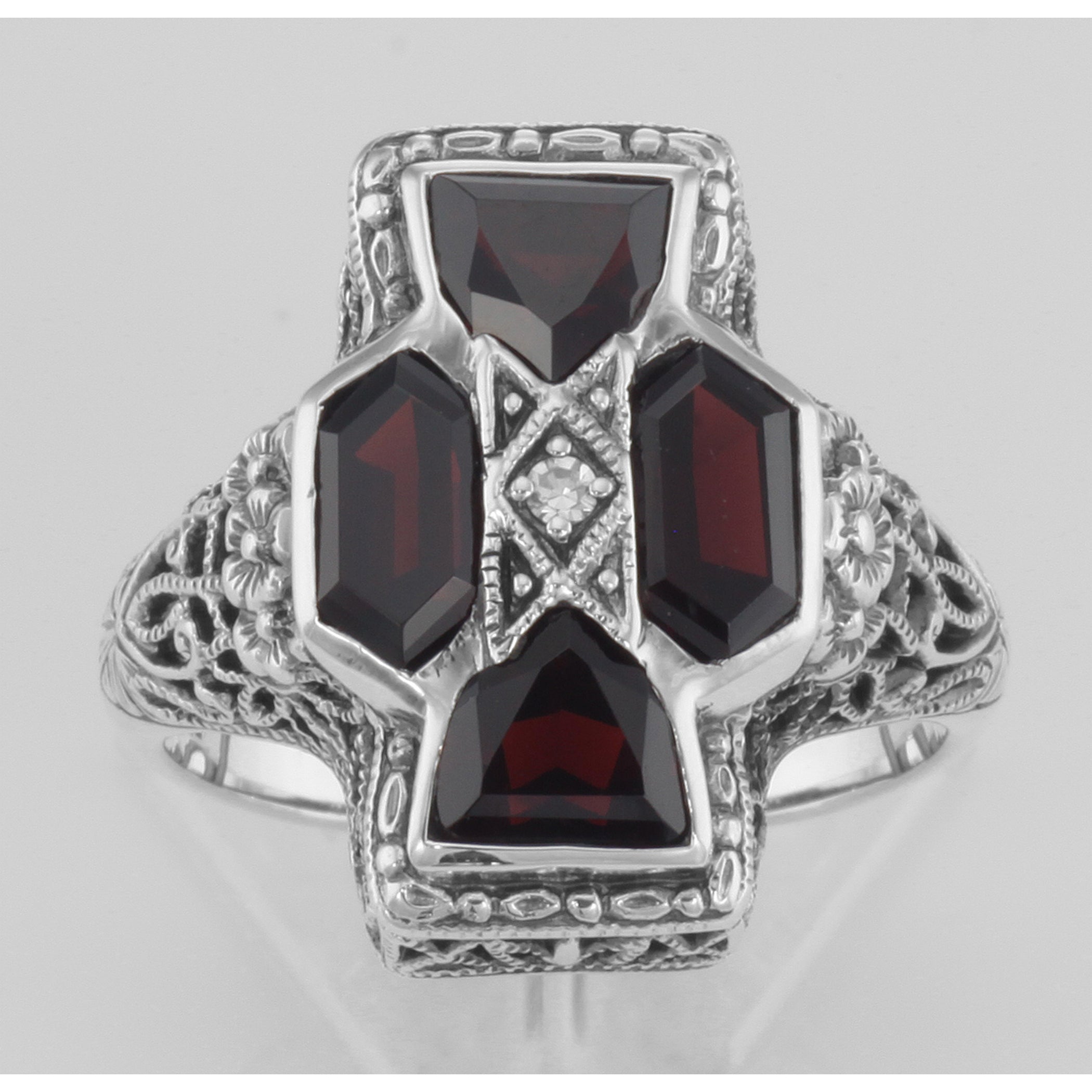 Detail view of Unique Art Deco Style Garnet and Diamond Filigree Ring Sterling Silver highlighting Garnet, Diamond