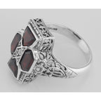 Back view of Unique Art Deco Style Garnet and Diamond Filigree Ring Sterling Silver showing 925 sterling silver hallmark