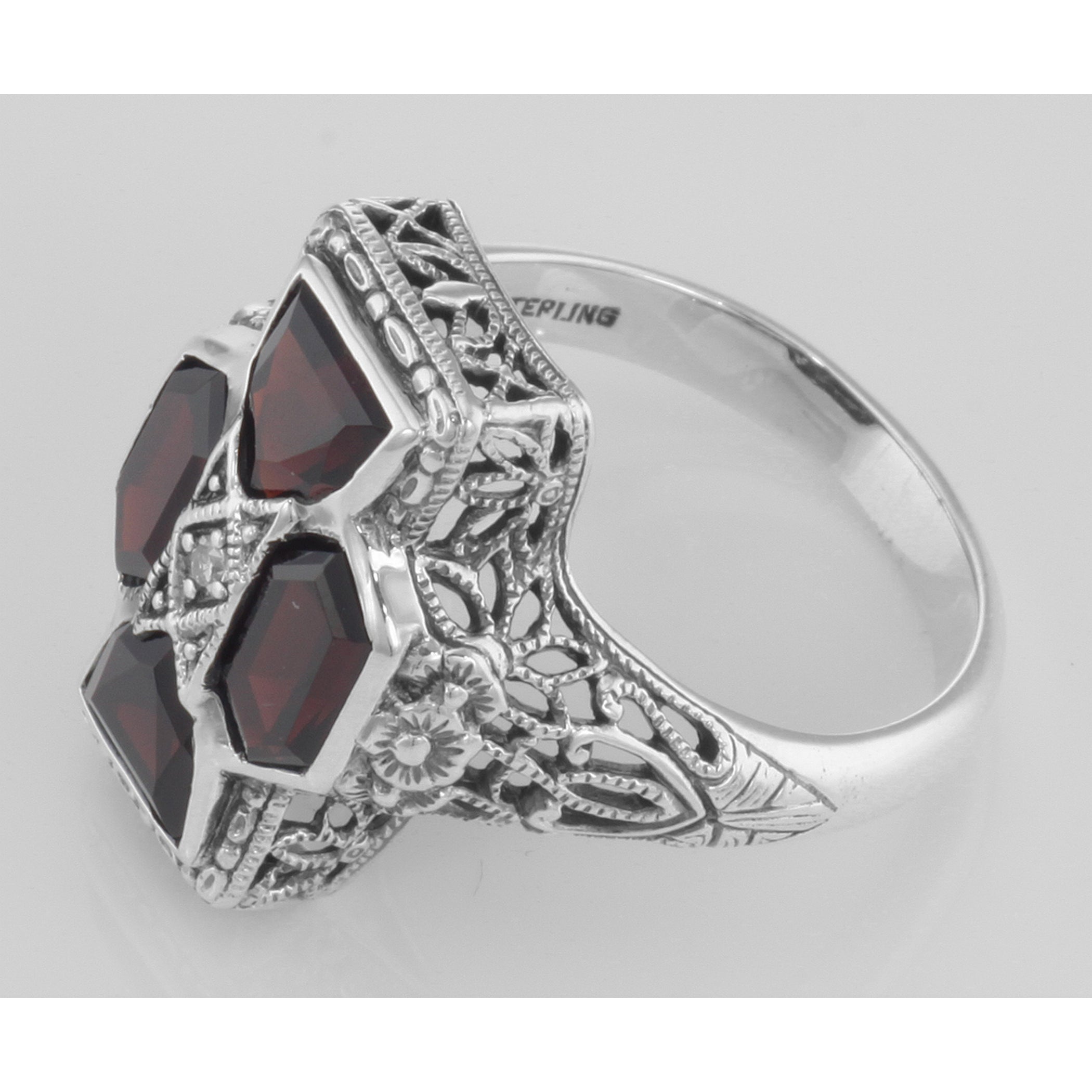 Back view of Unique Art Deco Style Garnet and Diamond Filigree Ring Sterling Silver showing 925 sterling silver hallmark