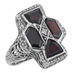 Art Deco style, Garnet, Diamond, sterling silver rings, front view
