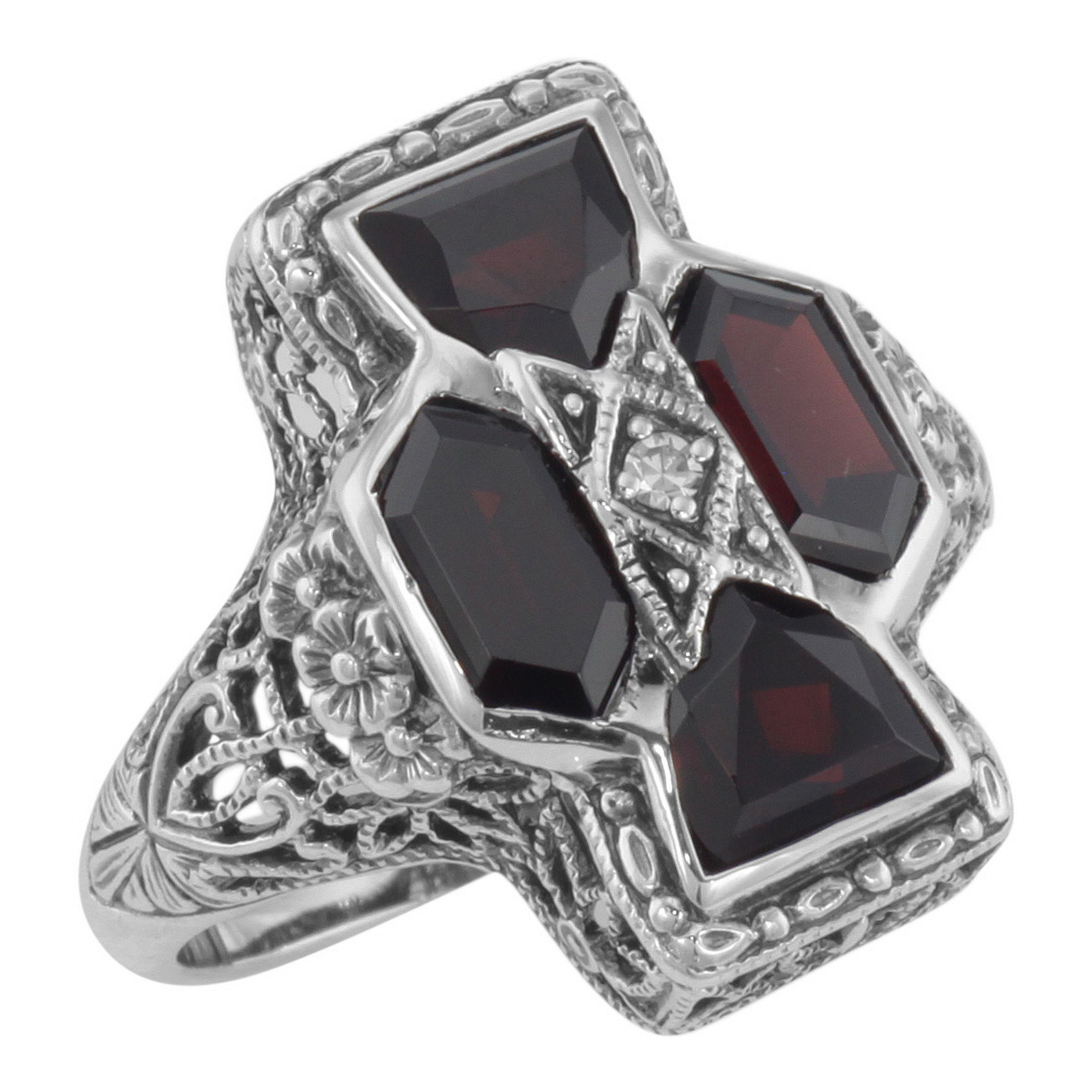 Art Deco style, Garnet, Diamond, sterling silver rings, front view
