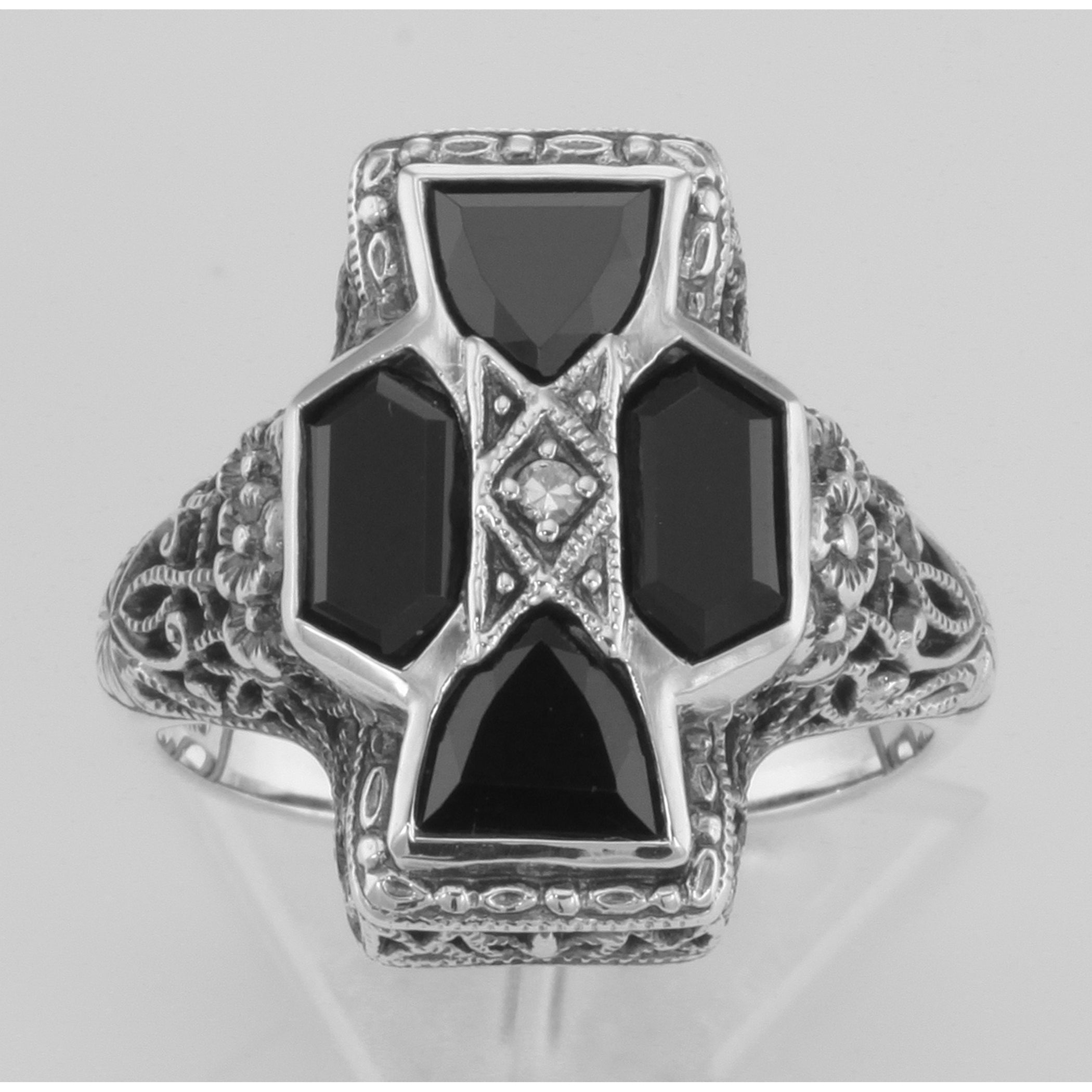 Detail view of Unique Art Deco Style Black Onyx and Diamond Filigree Ring Sterling Silver highlighting Diamond, Black Onyx
