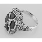 Back view of Unique Art Deco Style Black Onyx and Diamond Filigree Ring Sterling Silver showing 925 sterling silver hallmark