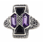 Detail view of Unique Art Deco Amethyst, Onyx, Diamond Filigree Ring Sterling Silver highlighting Amethyst, Diamond