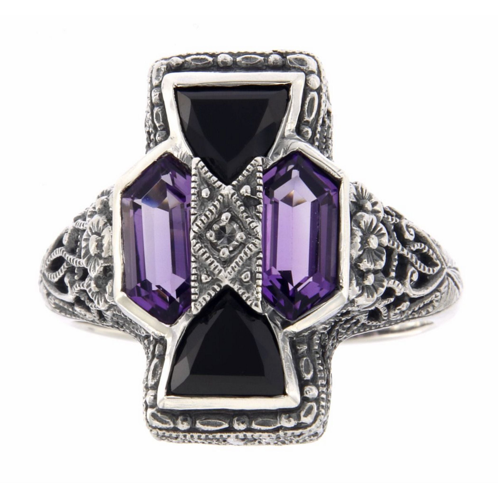 Detail view of Unique Art Deco Amethyst, Onyx, Diamond Filigree Ring Sterling Silver highlighting Amethyst, Diamond