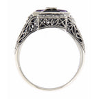 Back view of Unique Art Deco Amethyst, Onyx, Diamond Filigree Ring Sterling Silver showing 925 sterling silver hallmark