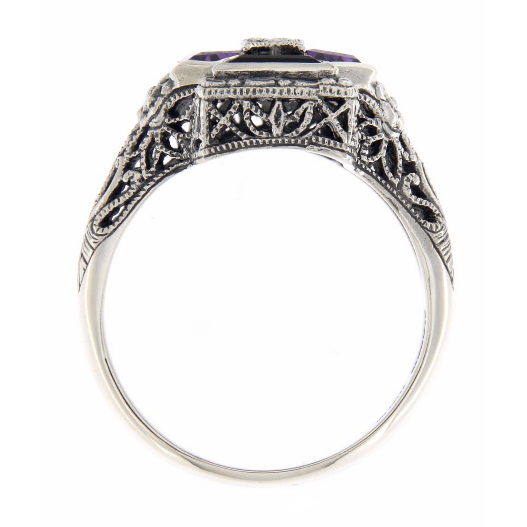 Back view of Unique Art Deco Amethyst, Onyx, Diamond Filigree Ring Sterling Silver showing 925 sterling silver hallmark