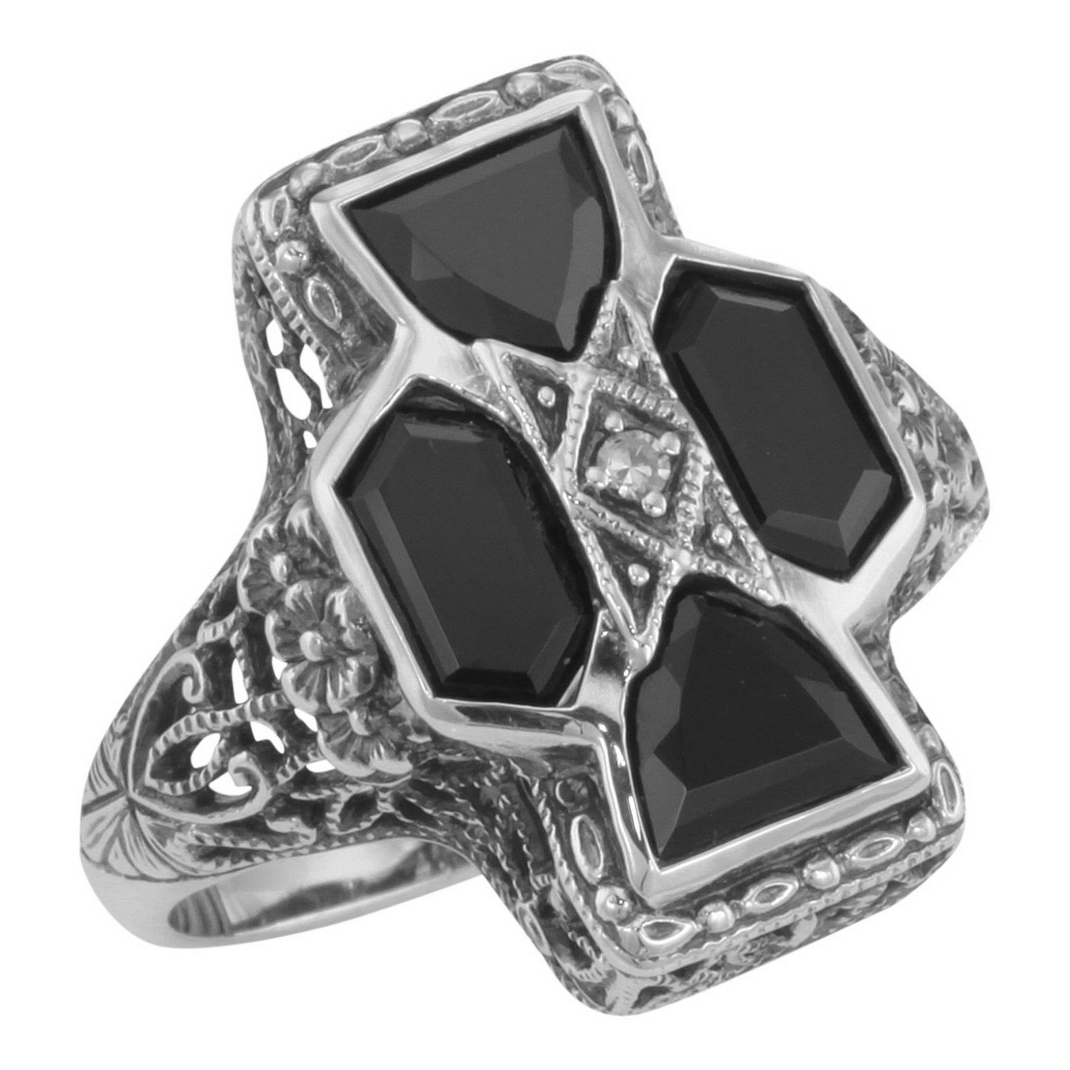 Art Deco style, Diamond, Black Onyx, sterling silver rings, front view