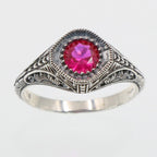 Back view of Art Deco Style Sterling Silver Red Pink Ruby Filigree Ring showing 925 sterling silver hallmark and pin back