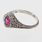 Detail view of Art Deco Style Sterling Silver Red Pink Ruby Filigree Ring highlighting Ruby