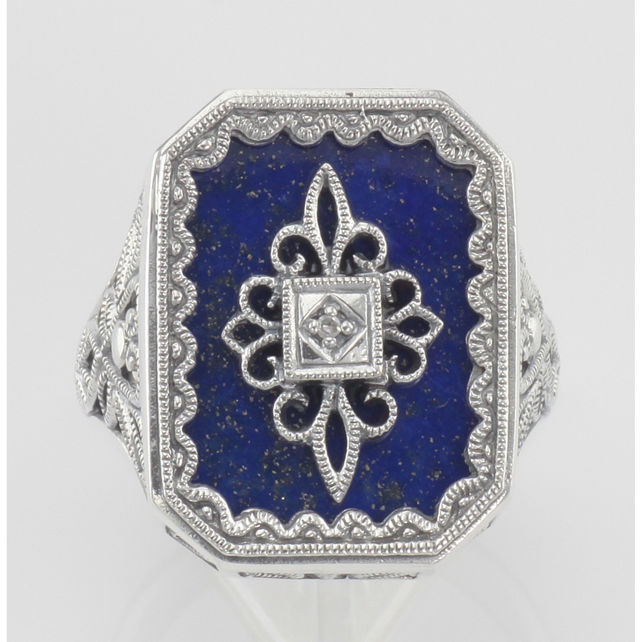 Detail view of Victorian Style Blue Lapis and Diamond Filigree Ring Sterling Silver highlighting Diamond, Lapis