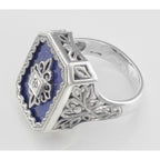 Back view of Victorian Style Blue Lapis and Diamond Filigree Ring Sterling Silver showing 925 sterling silver hallmark