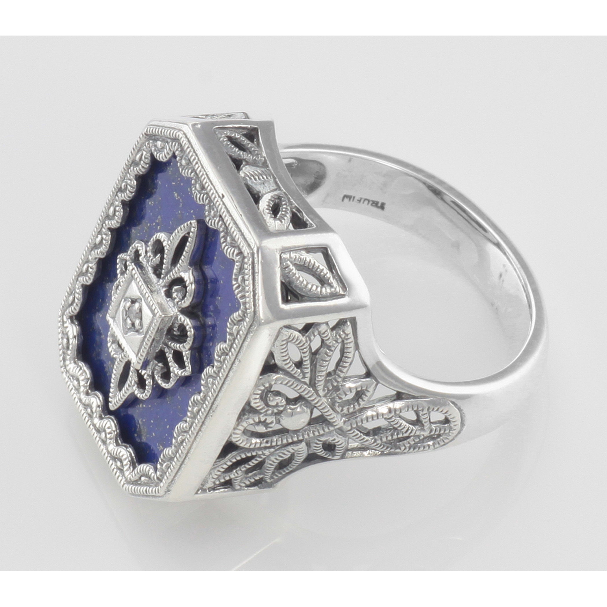 Back view of Victorian Style Blue Lapis and Diamond Filigree Ring Sterling Silver showing 925 sterling silver hallmark