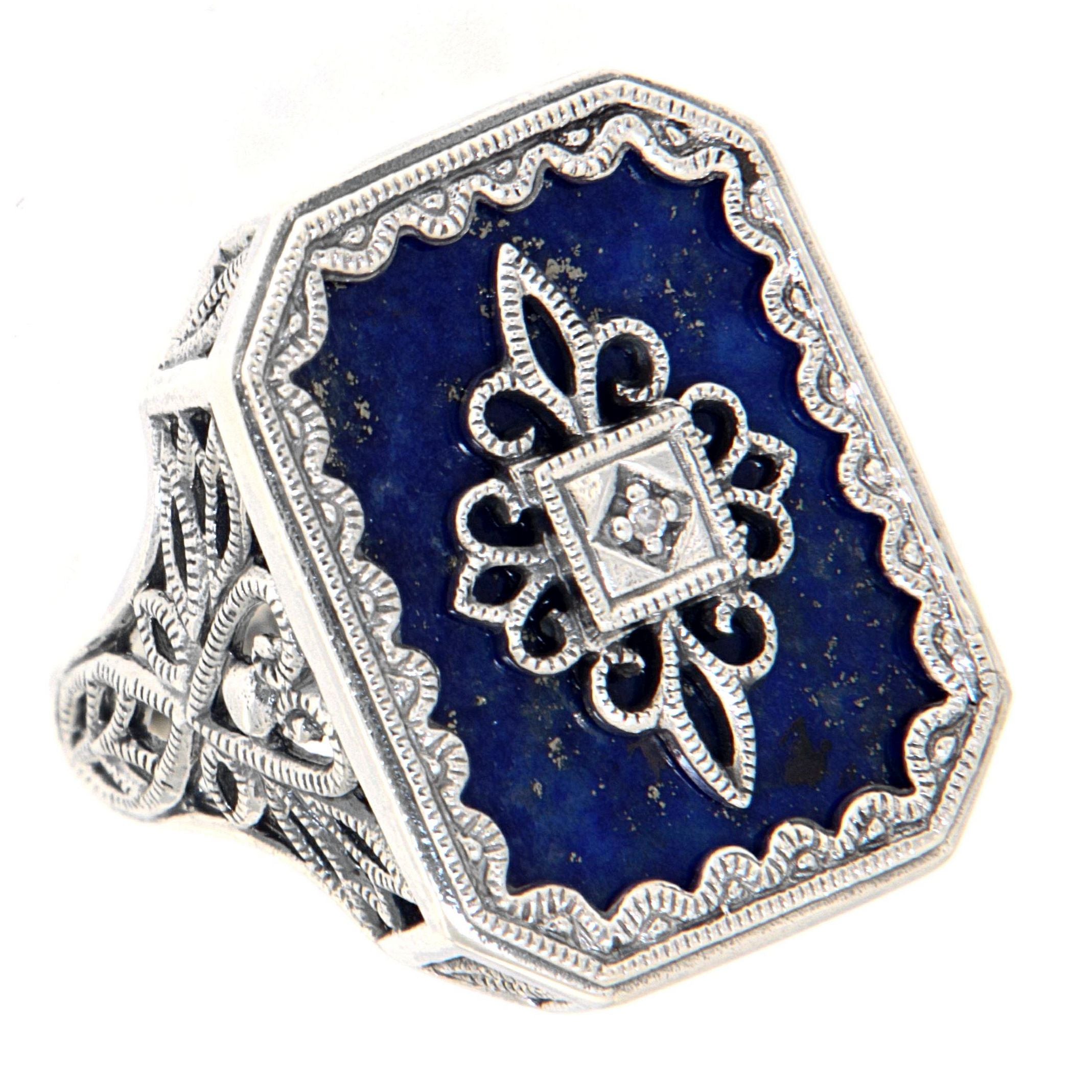 Victorian style, Diamond, Lapis, sterling silver rings, front view