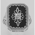 Detail view of Victorian Style Black Onyx and Diamond Filigree Ring Sterling Silver highlighting Diamond, Black Onyx