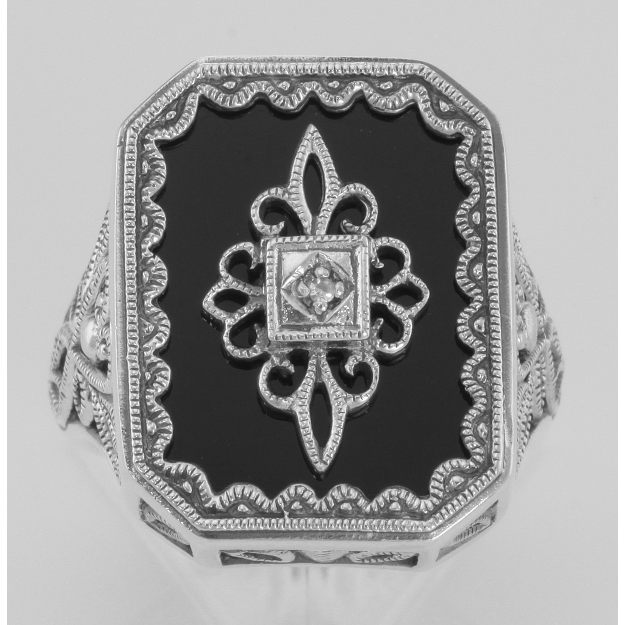 Detail view of Victorian Style Black Onyx and Diamond Filigree Ring Sterling Silver highlighting Diamond, Black Onyx