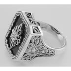 Back view of Victorian Style Black Onyx and Diamond Filigree Ring Sterling Silver showing 925 sterling silver hallmark
