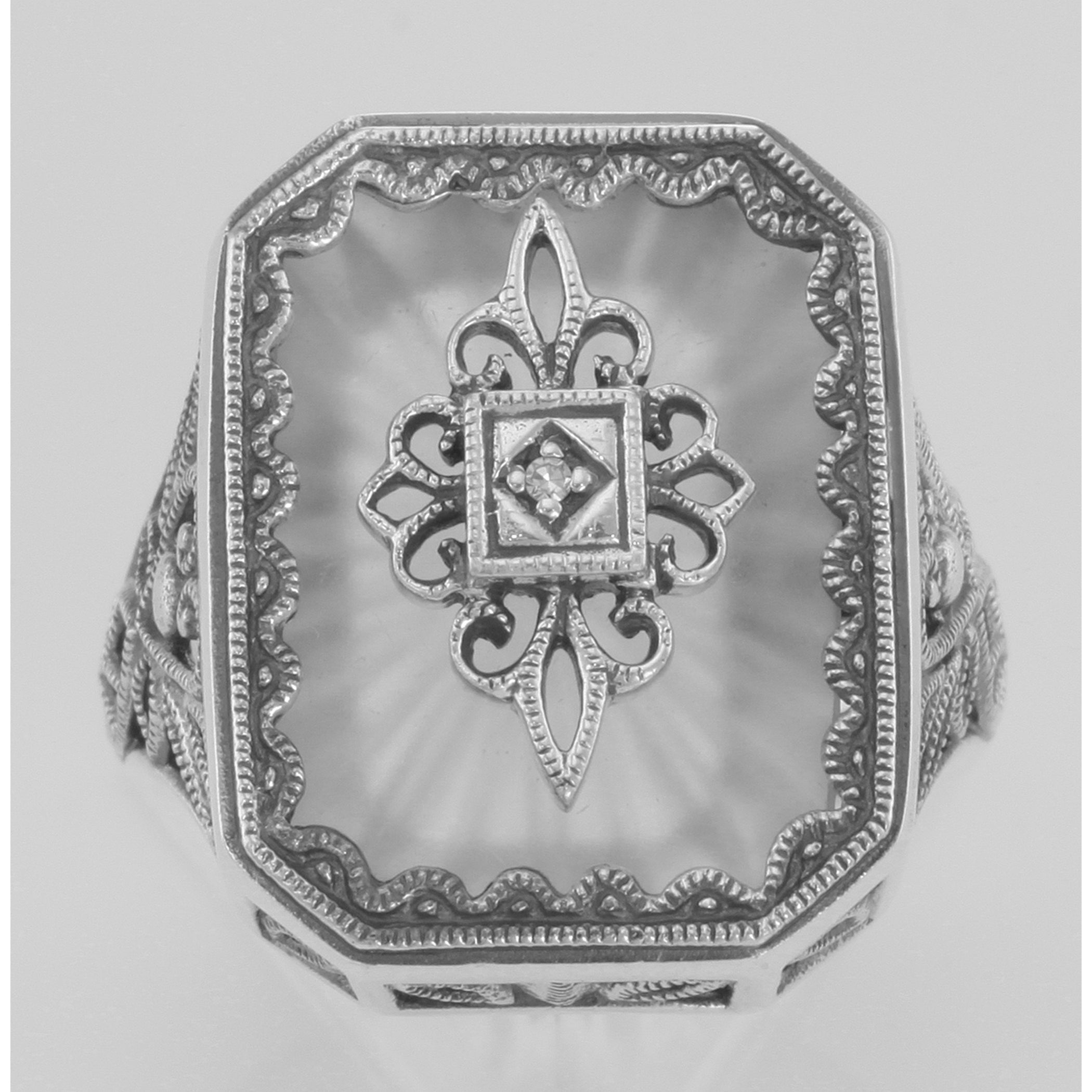 Back view of Victorian Style Sunray Camphor Glass and Diamond Ring Sterling Silver showing 925 sterling silver hallmark