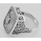 Detail view of Victorian Style Sunray Camphor Glass and Diamond Ring Sterling Silver highlighting Diamond, Camphor Glass