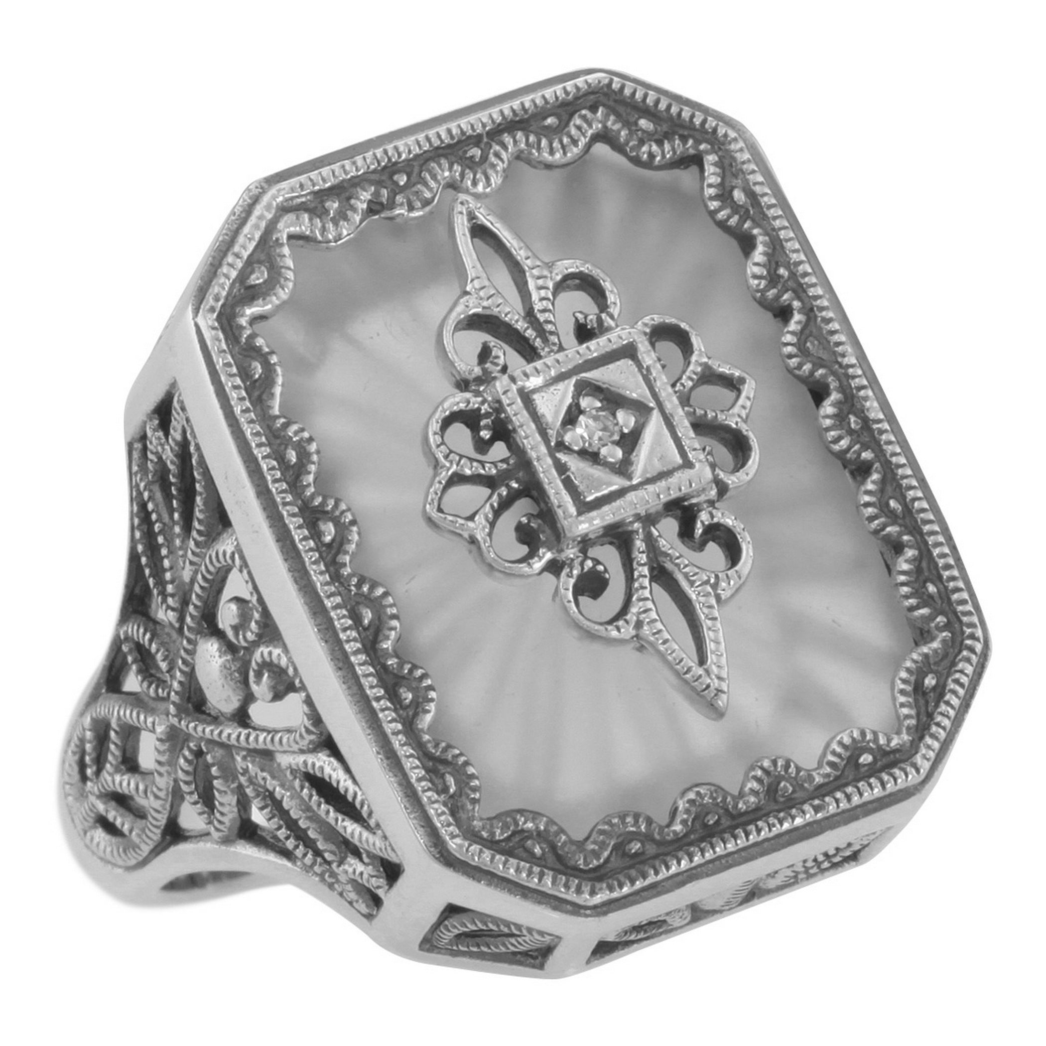 Victorian style, Diamond, Camphor Glass, sterling silver rings, front view