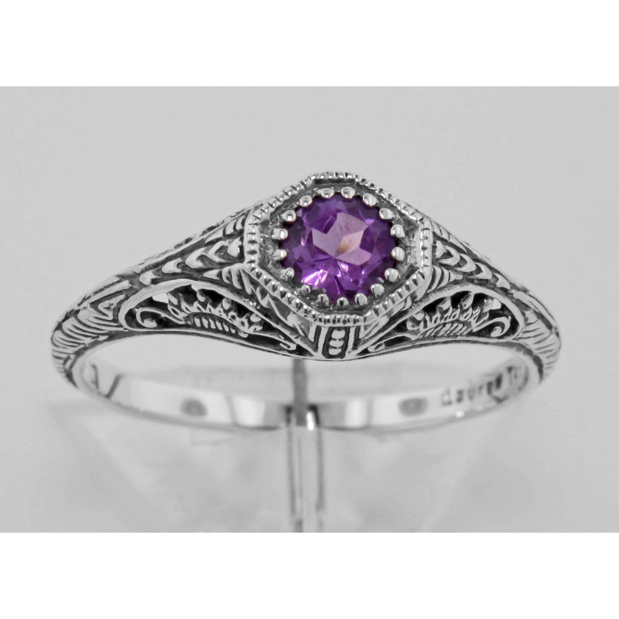 Back view of Victorian Style Amethyst Filigree Ring Sterling Silver showing 925 sterling silver hallmark