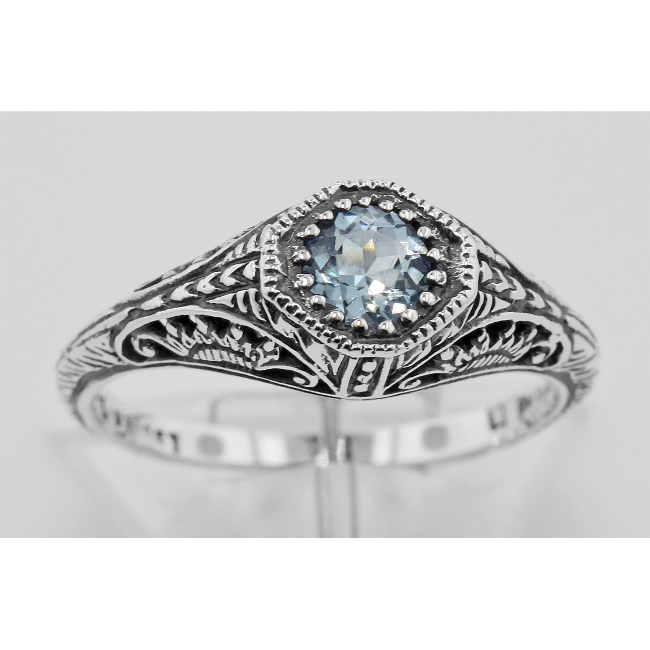Back view of Art Deco Style Blue Topaz Filigree Ring showing 925 sterling silver hallmark