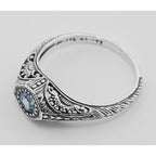 Detail view of Art Deco Style Blue Topaz Filigree Ring highlighting Blue Topaz
