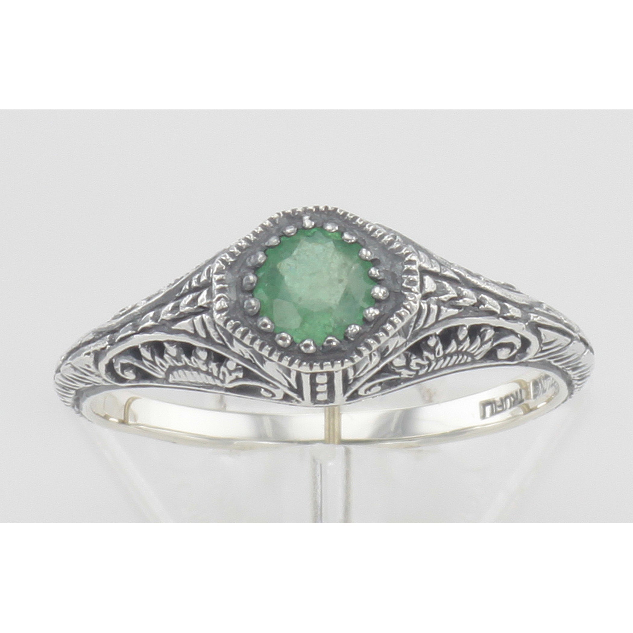 Back view of Victorian Style Emerald Filigree Ring Sterling Silver showing 925 sterling silver hallmark