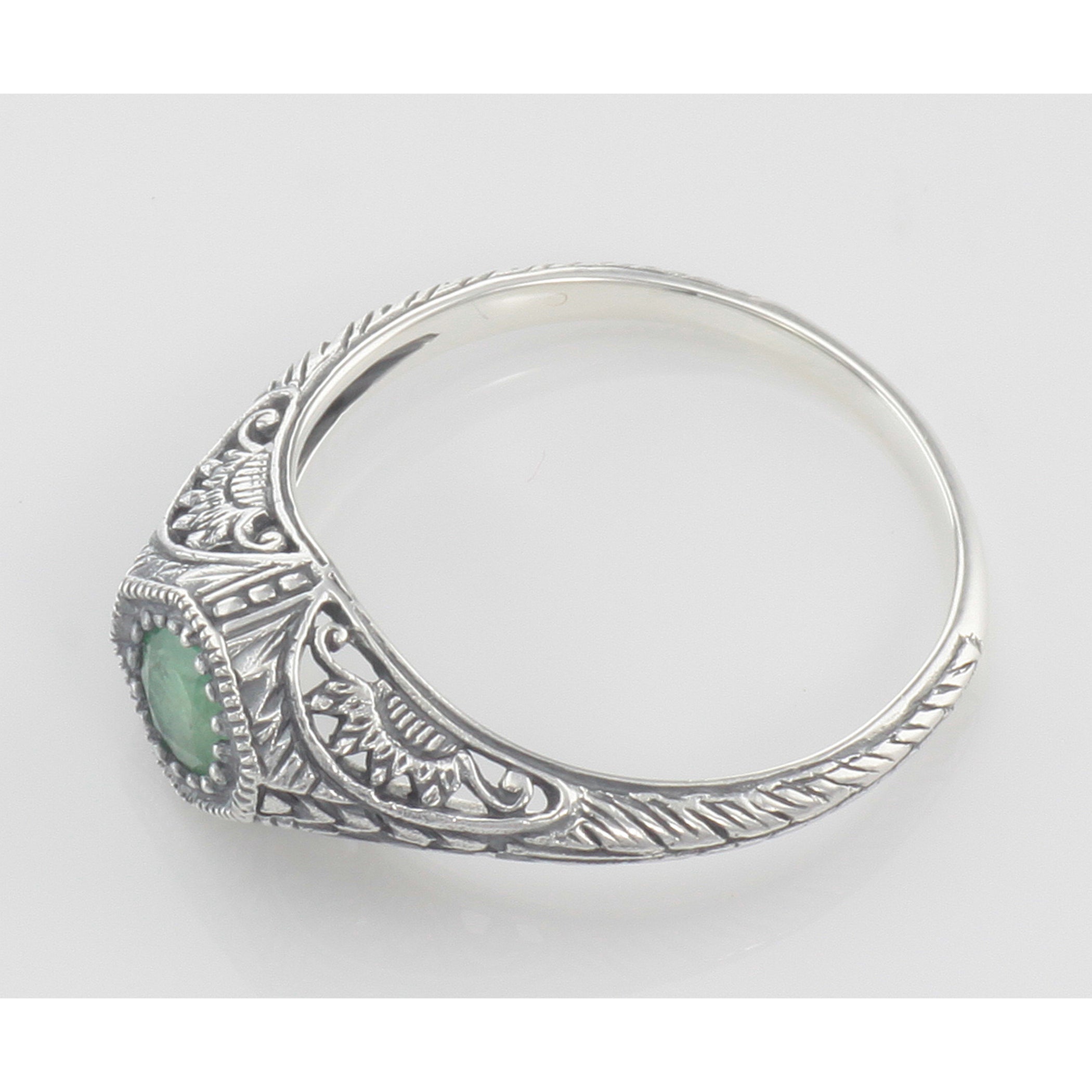 Detail view of Victorian Style Emerald Filigree Ring Sterling Silver highlighting Emerald