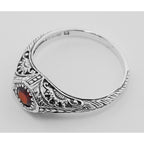 Back view of Antique Style Garnet Filigree Ring showing 925 sterling silver hallmark
