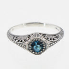 Back view of Art Deco Style London Blue Topaz Solitaire Filigree Ring showing 925 sterling silver hallmark