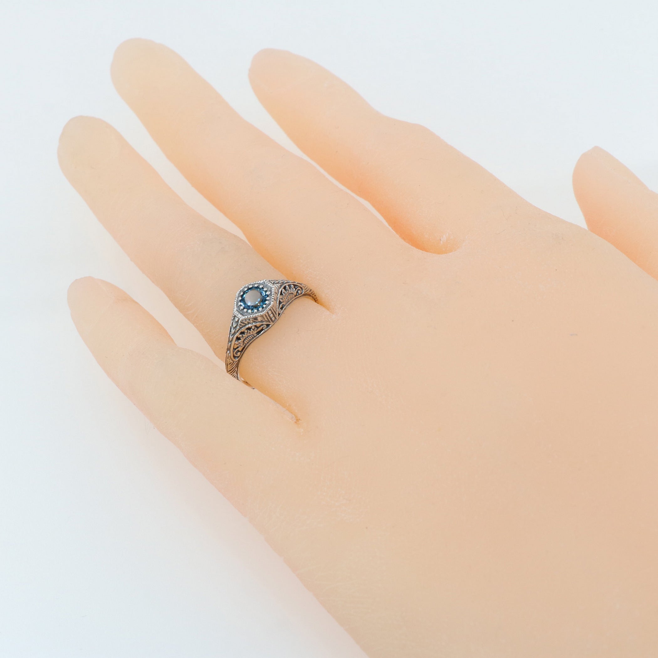 Detail view of Art Deco Style London Blue Topaz Solitaire Filigree Ring highlighting Blue Topaz, London Blue Topaz