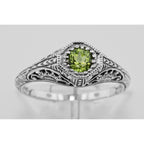 Detail view of Art Deco Style Peridot Solitaire Filigree Ring highlighting Peridot