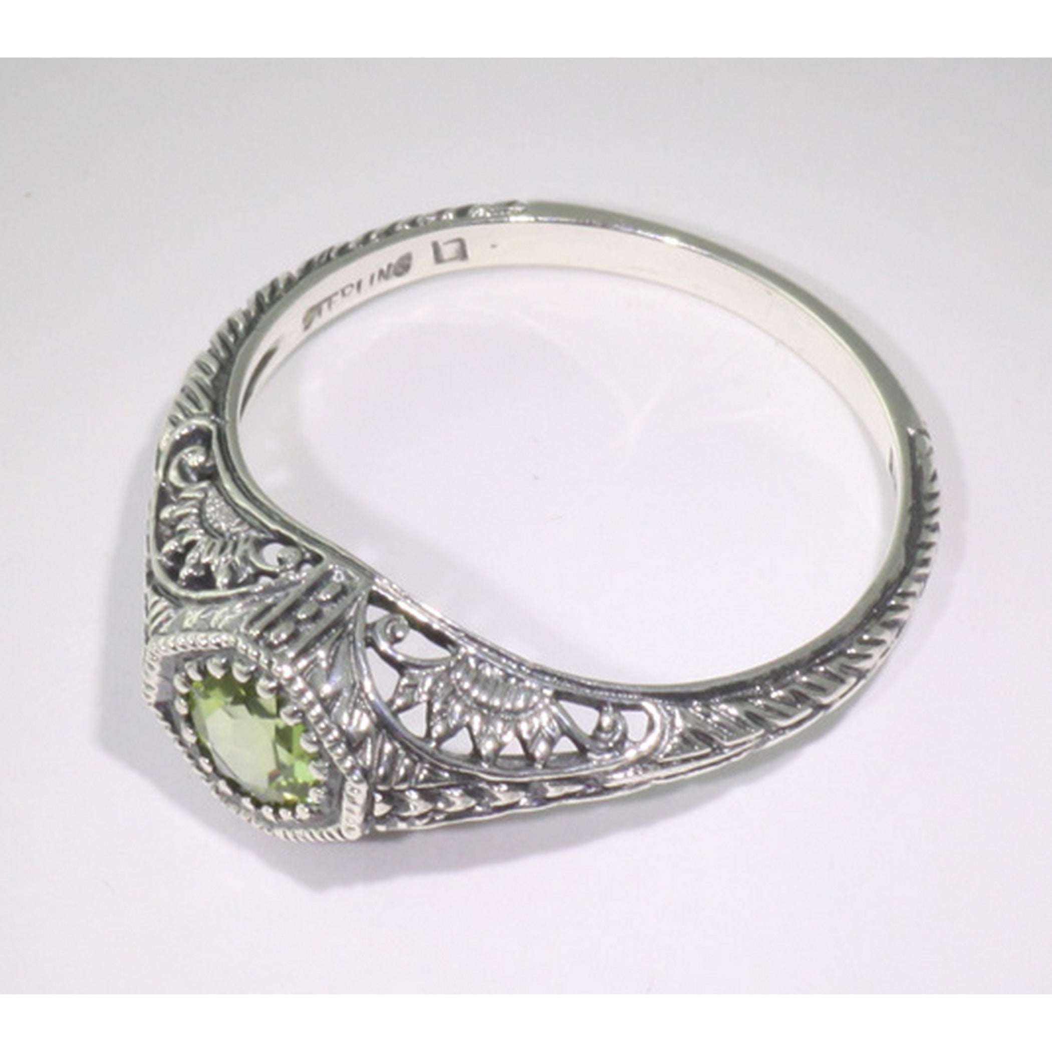Back view of Art Deco Style Peridot Solitaire Filigree Ring showing 925 sterling silver hallmark