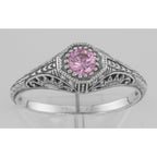 Detail view of Victorian Style Pink CZ Filigree Ring highlighting CZ