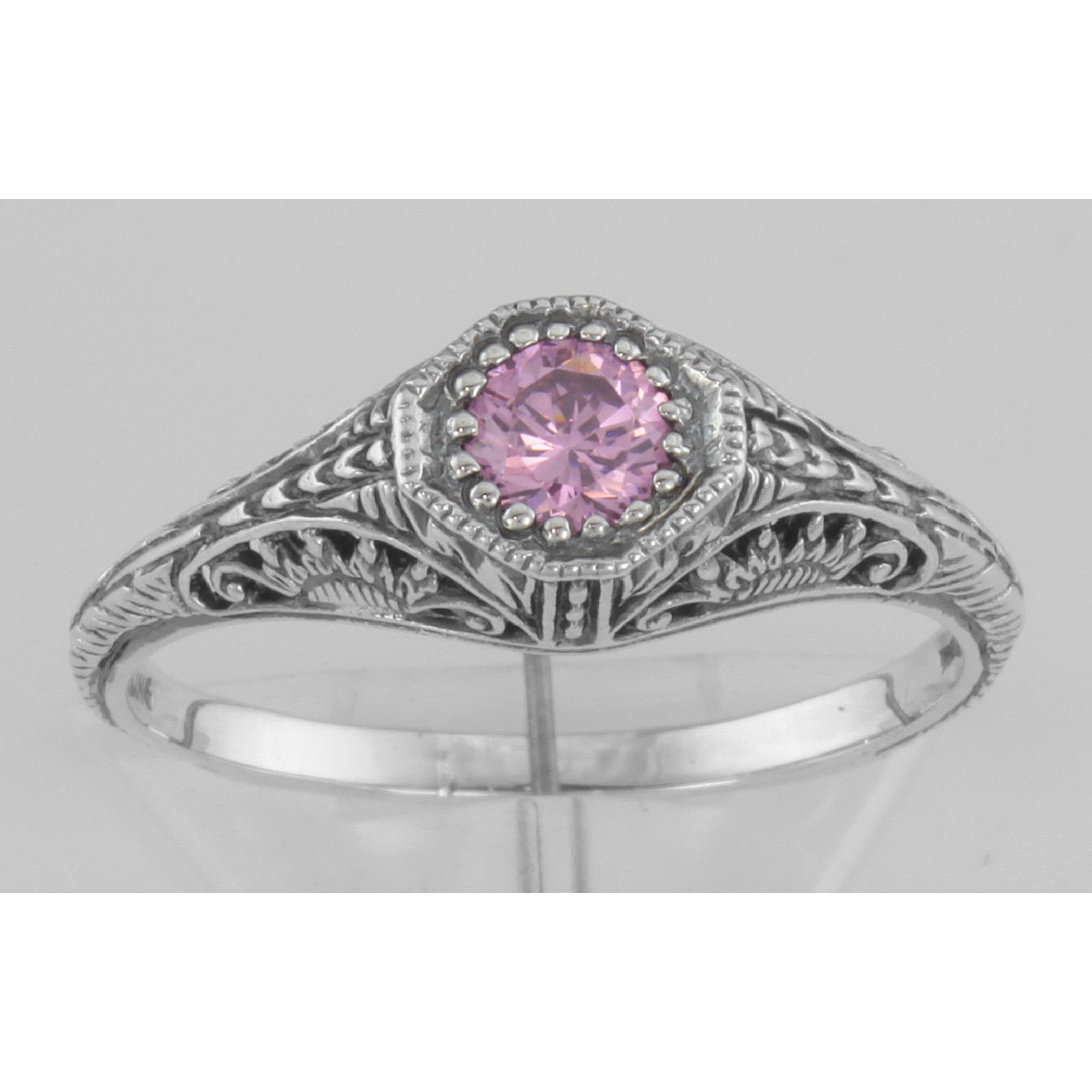 Detail view of Victorian Style Pink CZ Filigree Ring highlighting CZ