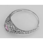 Back view of Victorian Style Pink CZ Filigree Ring showing 925 sterling silver hallmark and pin back