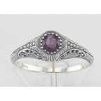 Detail view of Victorian Style Ruby Filigree Ring Sterling Silver highlighting Ruby