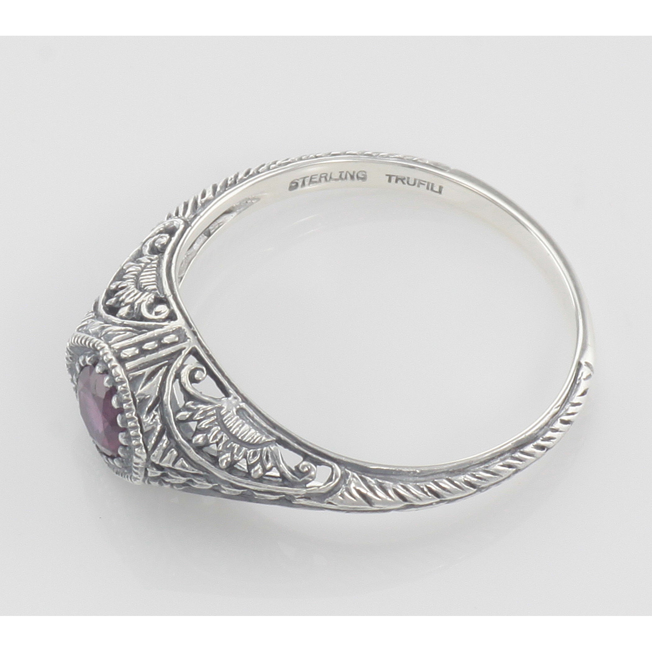 Back view of Victorian Style Ruby Filigree Ring Sterling Silver showing 925 sterling silver hallmark