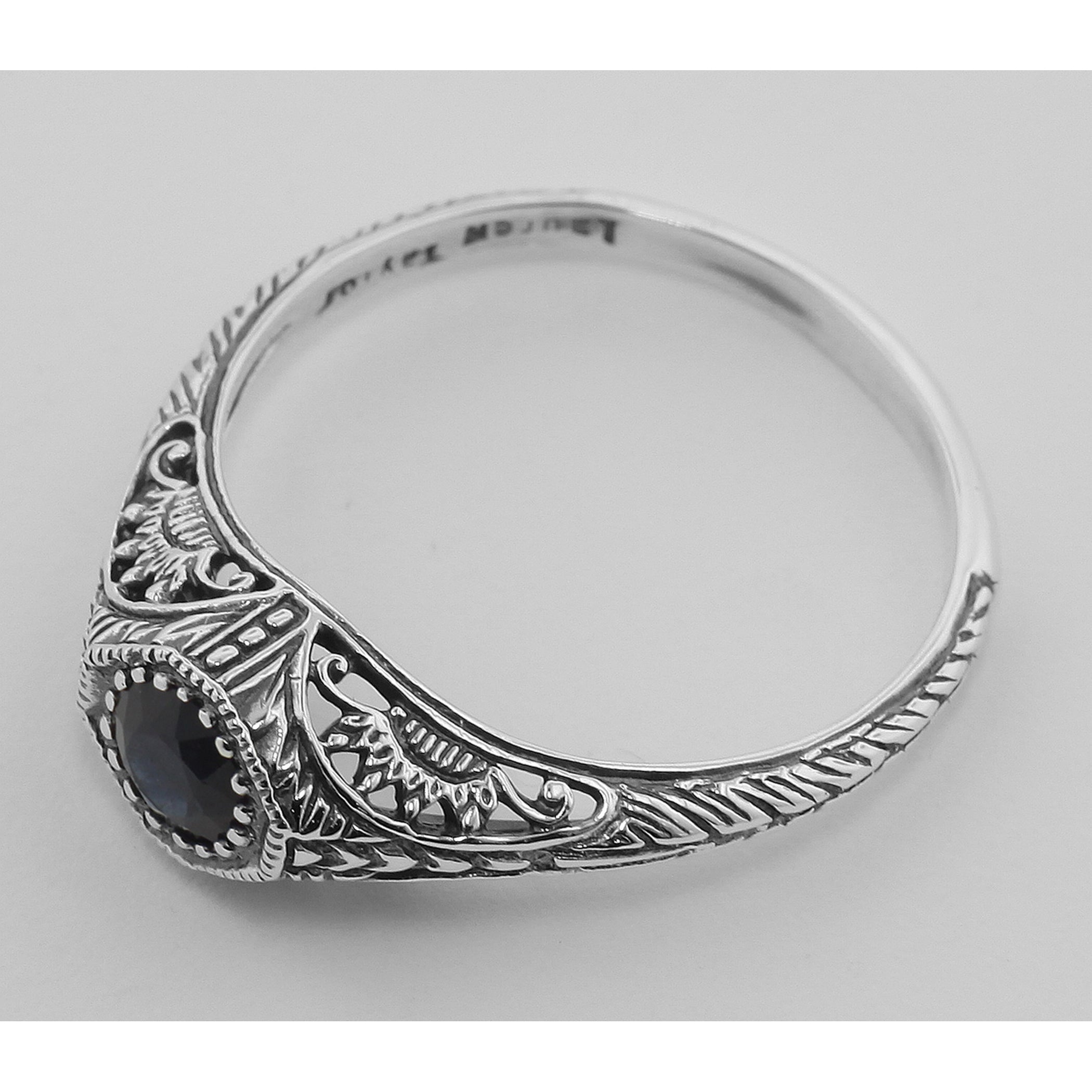 Back view of Victorian Style Sapphire Filigree Ring Sterling Silver showing 925 sterling silver hallmark