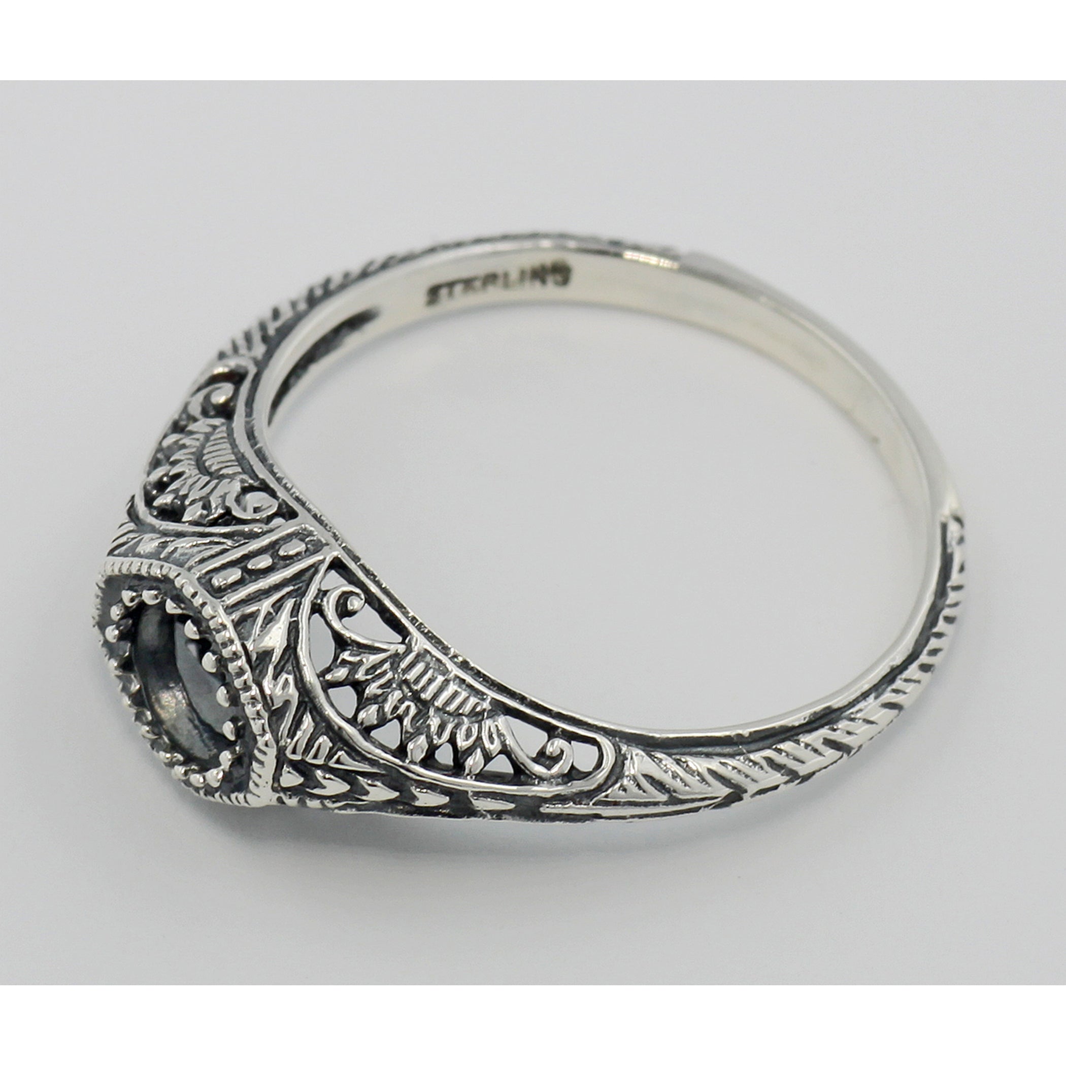 Back view of Semi Mount 4.5mm Art Deco Style Filigree Ring showing 925 sterling silver hallmark