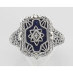 Detail view of Victorian Style Blue Lapis Diamond Filigree Ring highlighting Diamond, Lapis
