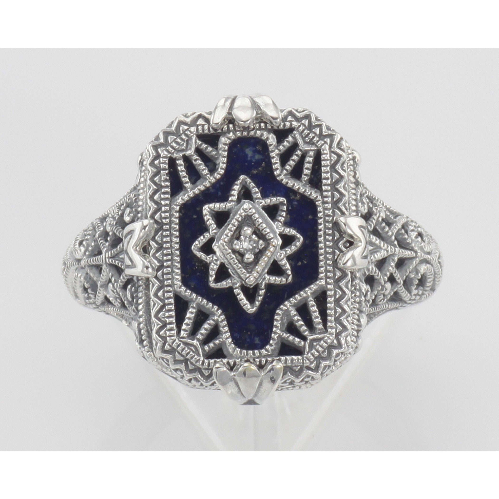 Detail view of Victorian Style Blue Lapis Diamond Filigree Ring highlighting Diamond, Lapis